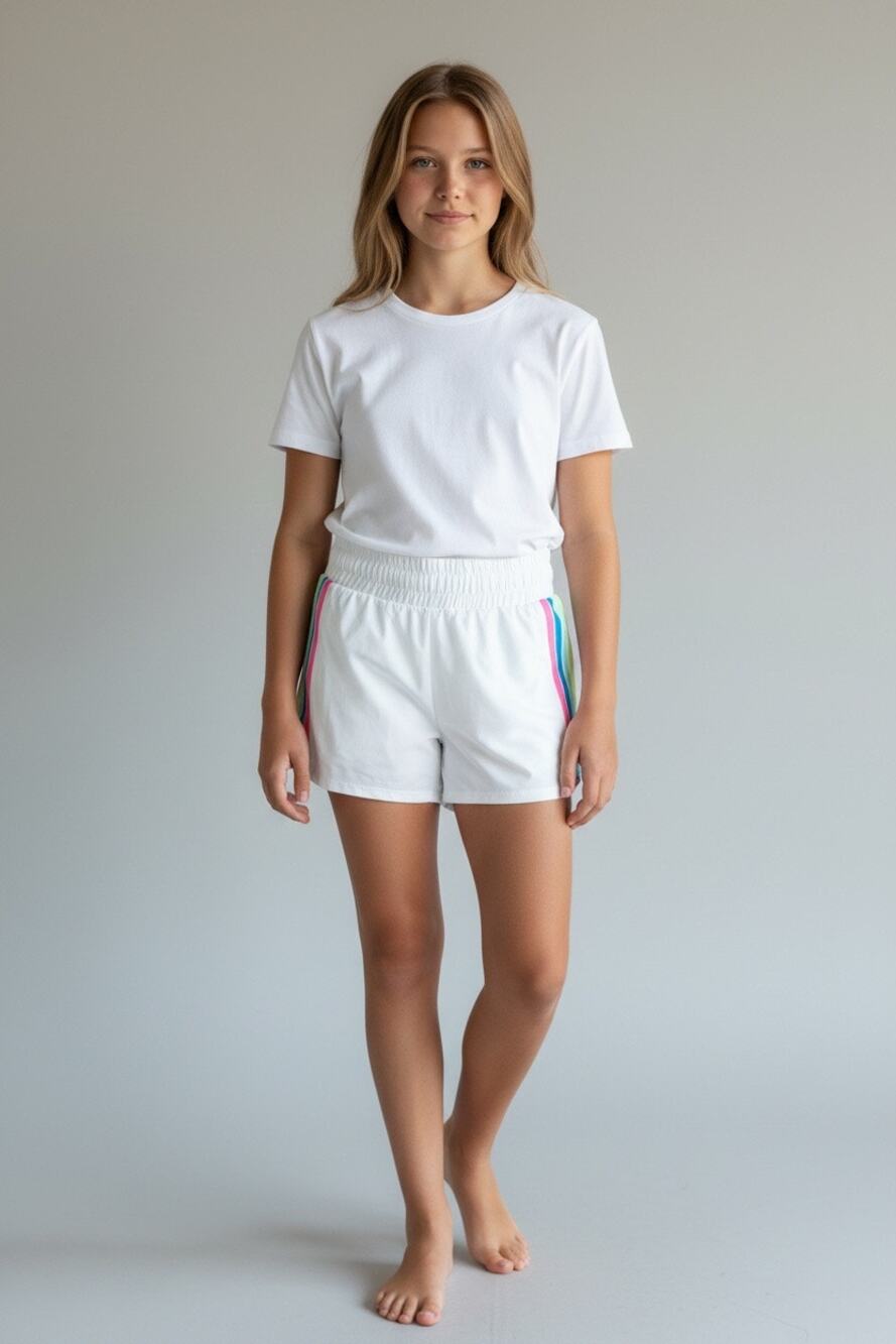 Silhouette Collection Girls Athletic Shorts White Rainbow Stripe L 12/14
